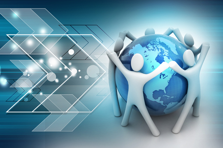 3d render of people around globeの写真素材