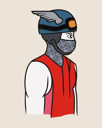 male character with a winged helmet in a red shirt and face coveringのイラスト素材