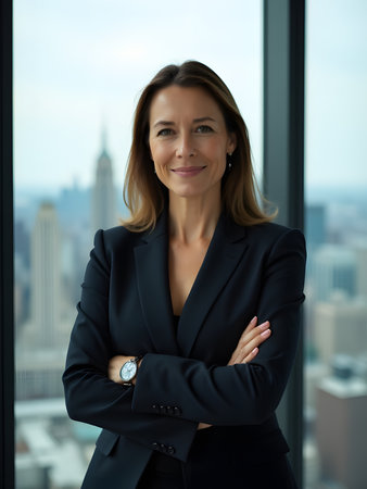 Portrait of a smiling businesswoman standing with arms crossed in officeの素材