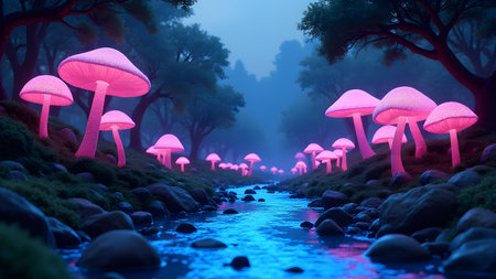 Mushroom forest in the fog, 3d rendering. Computer digital drawing.の素材