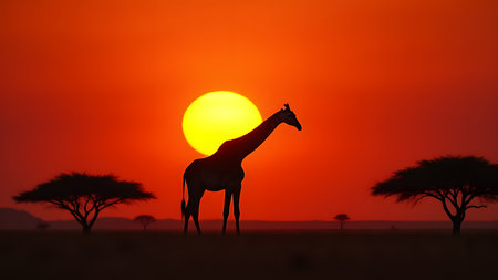 Giraffe silhouette at sunset in savannah, Kenya, Africaの素材