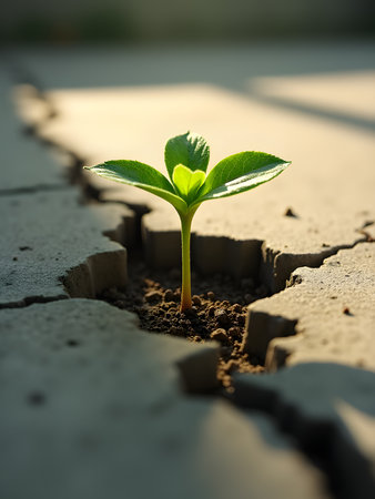 Green seedling growing from crack on the ground, Concept of new lifeの素材