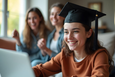 Portrait of happy female student in mortarboard smiling at camera while studying at homeの素材