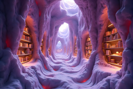 3d rendering of a futuristic science fiction library interior with glowing lightsの素材