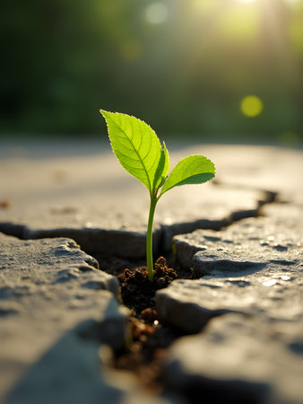 Green sprout growing from crack on the ground. Concept of ecology and environment protection.の素材