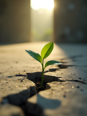 Young plant growing through crack in the ground with sunlight in the morningの素材