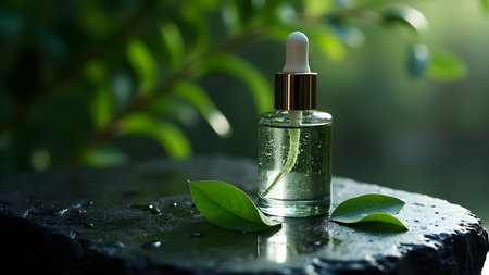 Essential oil in glass bottle with green leaves. Natural cosmetic conceptの素材