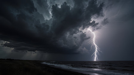 Lightning in stormy sky over Baltic sea in Gdansk, Polandの素材
