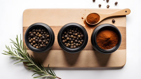 Spices and herbs on cutting board, isolated on white background.の素材