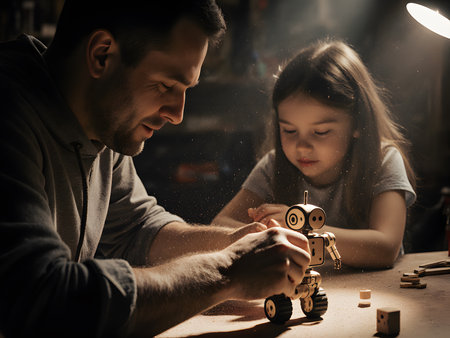 Father and daughter playing with wooden toy car at the table in the workshopの素材
