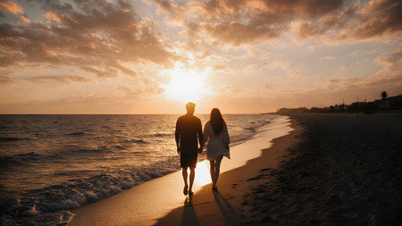 Romantic young couple walking on the beach at sunset. Man and woman holding hands.の素材