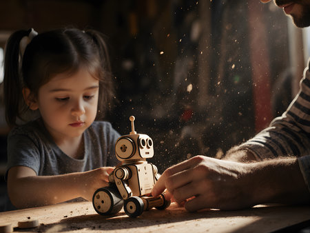 Little girl and her father are playing with a robot at home.の素材