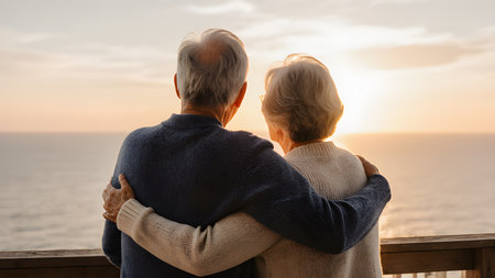 Rear view of senior couple embracing and looking at sunset on the balconyの素材