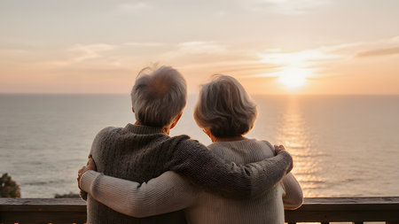 Elderly couple watching the sunset on the balcony by the seaの素材