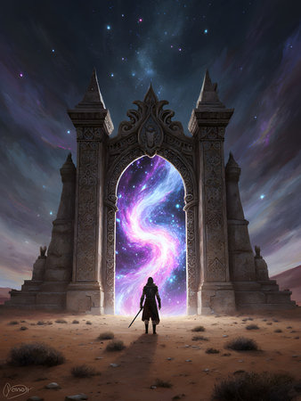 Woman standing in front of an entrance gate to a fantasy world.の素材