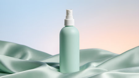 Cosmetic bottle on blue silk background. 3d render illustration.の素材