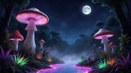 Fantasy landscape with mushrooms and moon. 3d illustration. Fantasy forest.の素材