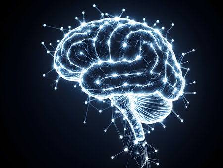 Human brain on blue background. Artificial intelligence concept. 3D Renderingの素材