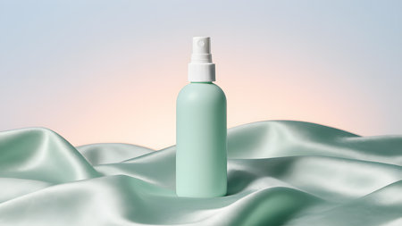 Cosmetic bottle on the background of blue silk. 3d renderingの素材