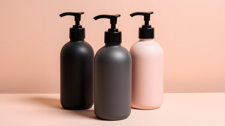 Plastic bottles of cosmetic products on a beige background. Mockup.の素材