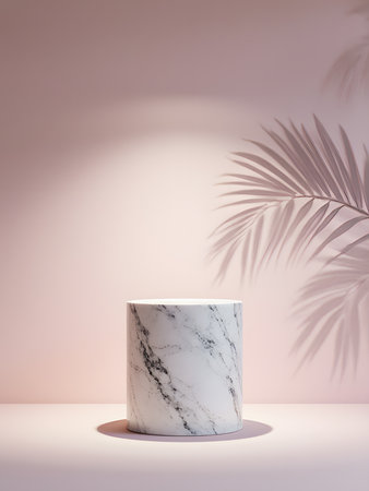 White marble podium on pink background with palm leaf shadow. 3d renderの素材