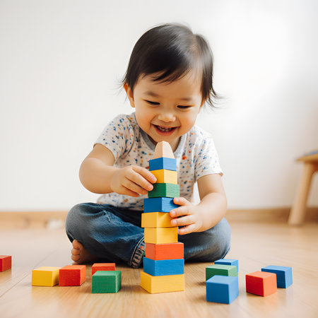 Cute asian baby girl playing with colorful wooden blocks at homeの素材