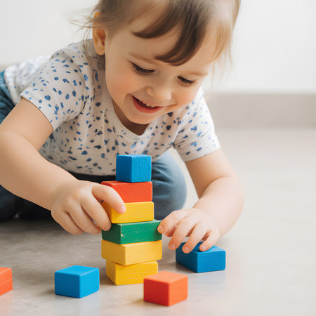 Cute little girl playing with colorful wooden blocks on the floor at homeの素材