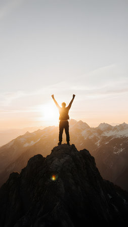 Silhouette of a man standing on top of a mountain and raising his hands up.の素材