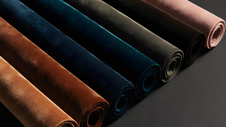 Rolls of colorful fabric on a black background, close-upの素材