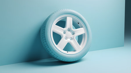 3d rendering of a car wheel on a blue background with shadowの素材