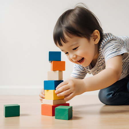 Cute asian baby boy playing with colorful wooden blocks at homeの素材