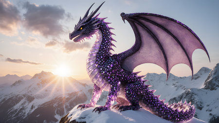 dragon on the top of the mountain at sunset. 3d renderingの素材