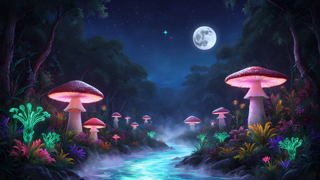 Fantasy landscape with magic mushrooms and moonlight. 3d renderingの素材