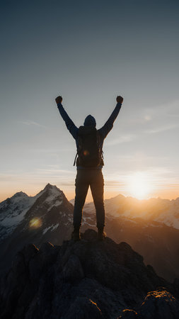 Hiker with raised hands standing on top of a mountain and enjoying the sunsetの素材