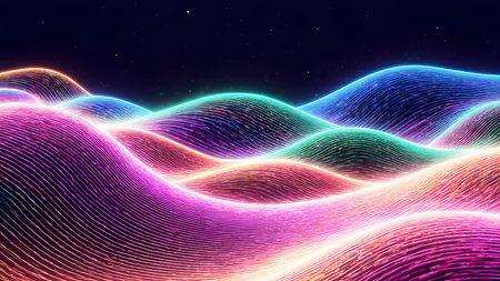 3D render of abstract digital landscape with flowing particles. Futuristic technology style.の素材
