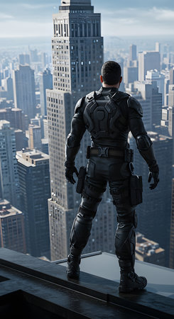 View of a futuristic man in a futuristic space suit in a futuristic cityの素材