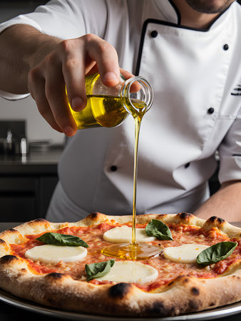 Chef pouring oil on pizza with mozzarella and basil leavesの素材