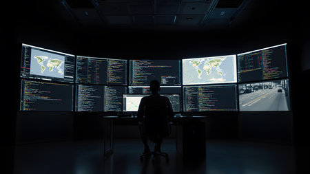 Man looking at monitor screen in dark room. 3D Renderingの素材