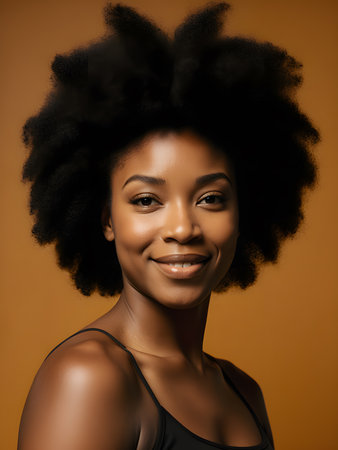 Beautiful african american woman with afro hairstyle on brown backgroundの素材