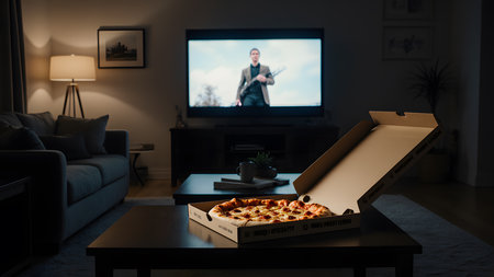 Pizza delivery man at home in front of TV. Online order and delivery concept.の素材