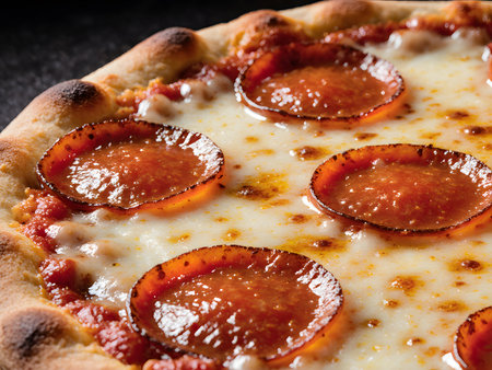 Pizza with salami, cheese and tomato on a black backgroundの素材