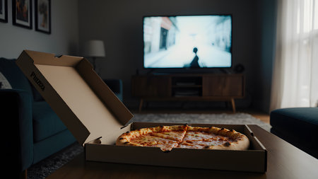 Pizza in a cardboard box on the background of the TV.の素材
