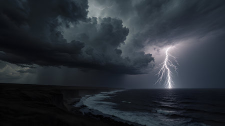 Stormy sky with lightning and stormy sea. 3d renderingの素材
