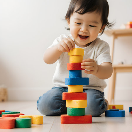 Cute asian baby playing with colorful wooden building blocks at homeの素材