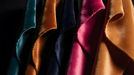 close up of a row of colorful fabric samples on a black backgroundの素材