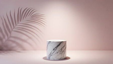 3d render of white marble pedestal with palm leaf shadow.の素材