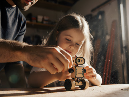 Cute little girl and her father playing with a robot at homeの素材