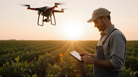Farmer with drone and tablet on agricultural field at sunset. Agronomist with digital tablet and quadcopterの素材