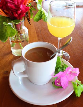 Breakfast with coffee and mimosa on vacationの写真素材