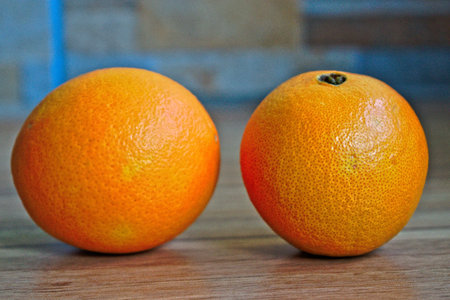 Two oranges on a wooden tableの写真素材